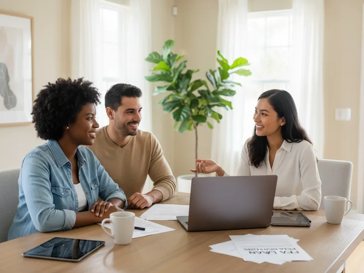First-time homebuyer couple discussing FHA loan options with a mortgage professional